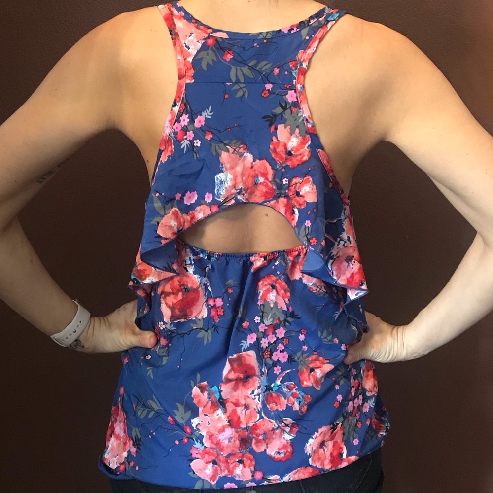 Blue/Pink Floral Tank with Peekaboo Back/Ruffles
